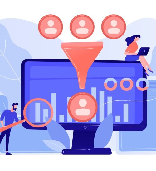 Data science analytics concept vector illustration. Data scientist and specialist extract knowledge and insights from data. Data science analytics, machine learning control, big data analytics concept. Pinkish coral bluevector isolated illustration